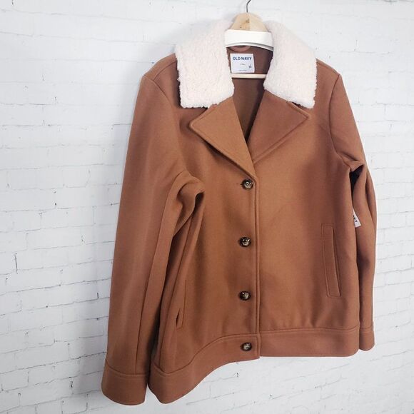 Old Navy Coat Size L Tall Camel Brown Sherpa Collar Faux Wool NEW - Picture 2 of 10